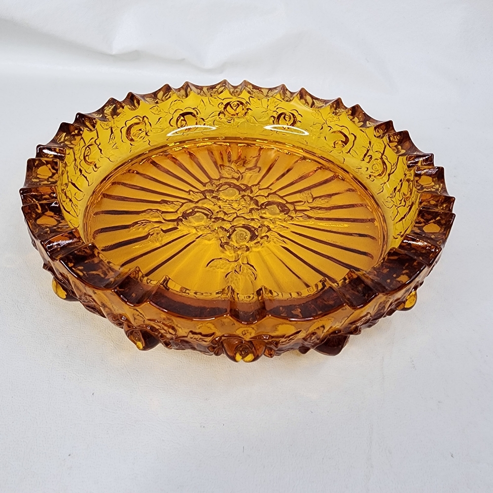 Vintage MCM Amber Glass Dish 7" Round Ashtray Cabbage Rose Pattern